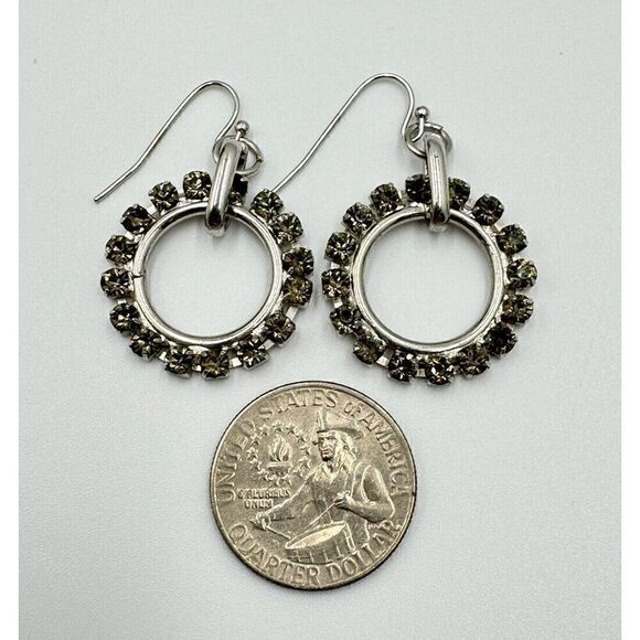 Silver Tone Gray Green Prong Set Pavé Crystal Glass Circle Dangle Earrings - Picture 6 of 6